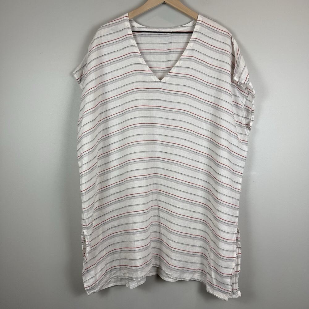 Eileen Fisher Organic Linen Tunic Top XL Striped Poncho Kaftan Beach Coastalcore